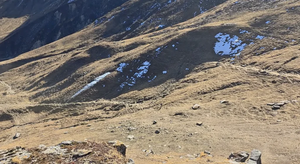 Alpine meadow with patchy snow on trek trail