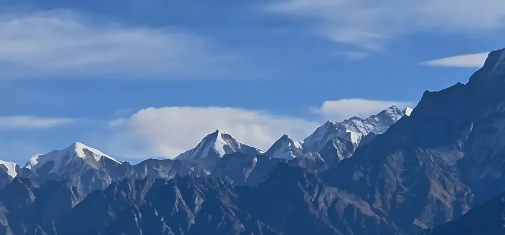 Sunset view of Himalayan mountain range from campsite